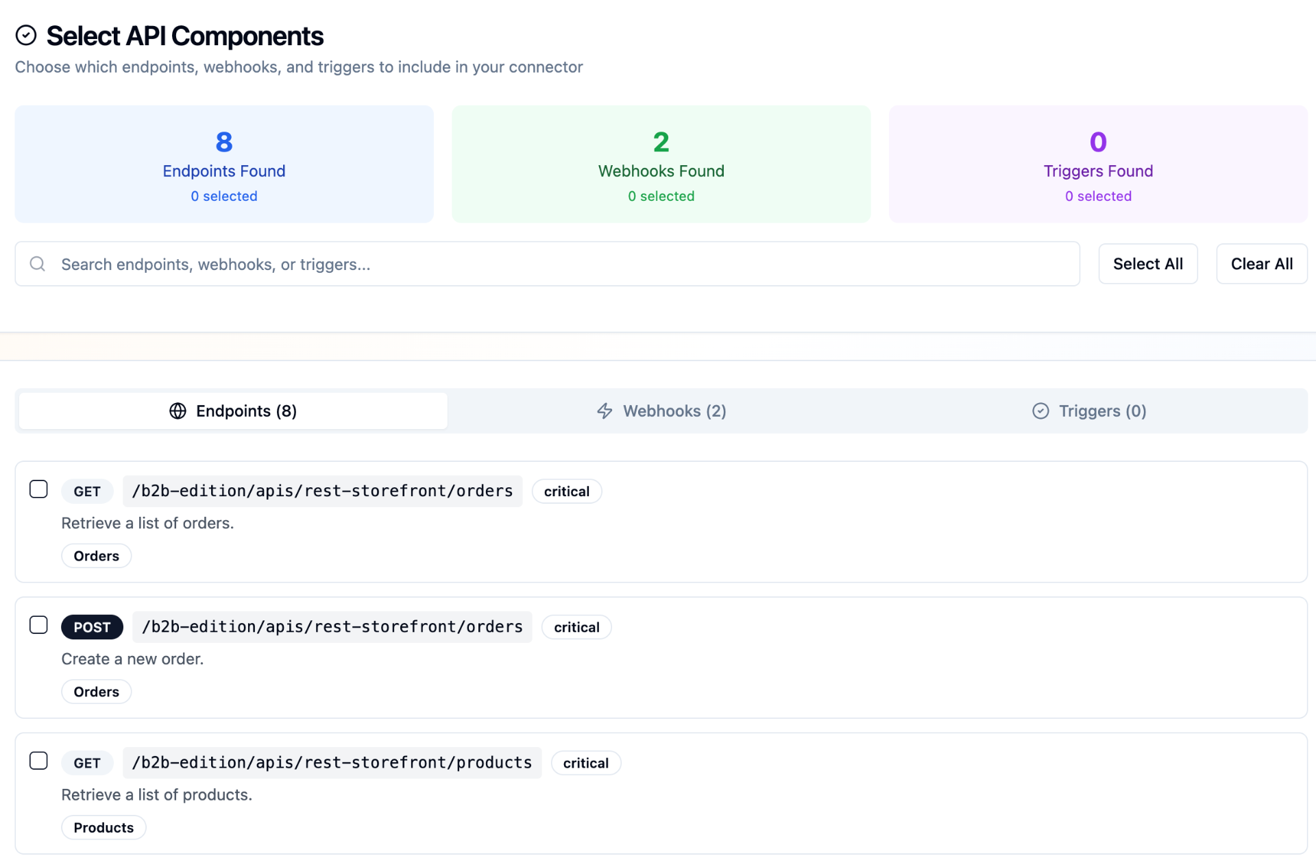 API Components Selection Interface